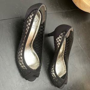 ADRIANNA PAPELL Womens Black Mesh Rhinestone Padded Jamie Peep Toe Kitten Heel